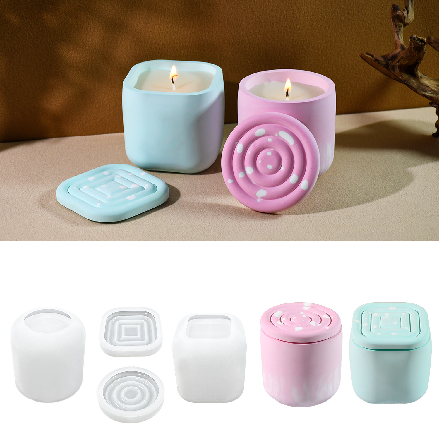 Square and Round Candle Jar Silicone Mold with Lid