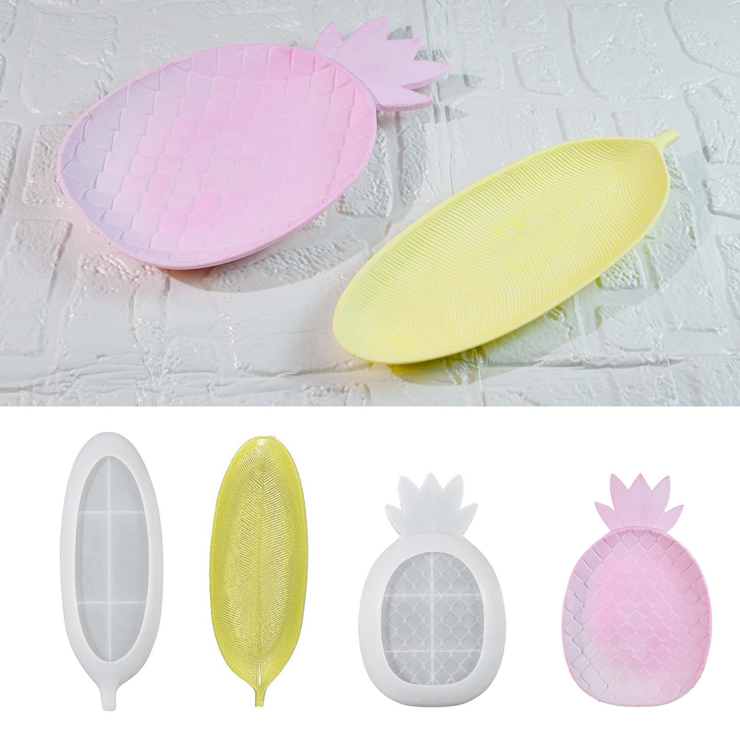 Tropical Pineapple and Leaf Silicone Dish Tray Molds for Epoxy Resin Art and Gypsum Decor